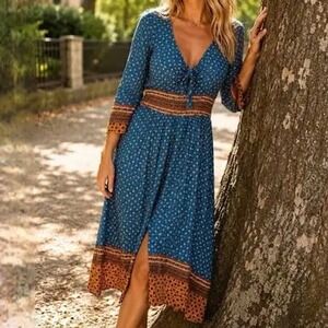 Anthropologie Maeve S Beloved Tie Front Floral Midi Dress Blue Yellow Coquette